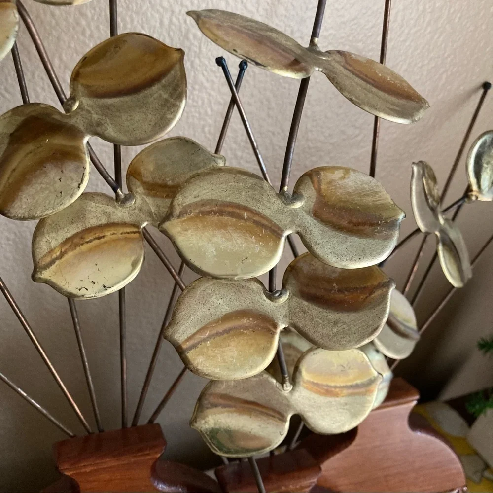 Vintage wood and brassy potted eucalyptus sculpture
